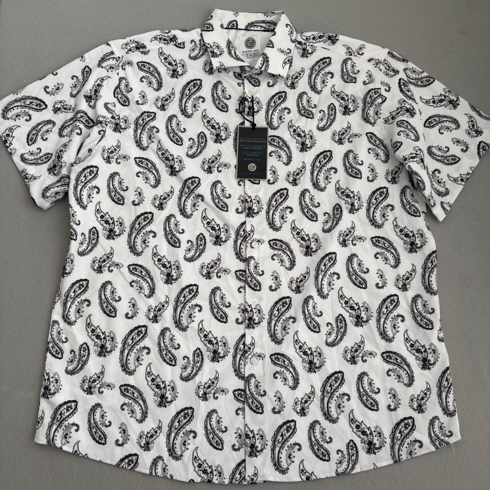 Kilburne & Finch Mens 3X Paisley Shirt White Black Short Sleeve Wrinkle Free NWT